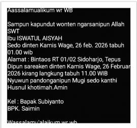 Wujud Empati, Pemkal Sidoharjo Takziah ke Rumah Almarhumah Iswatul Aisyah